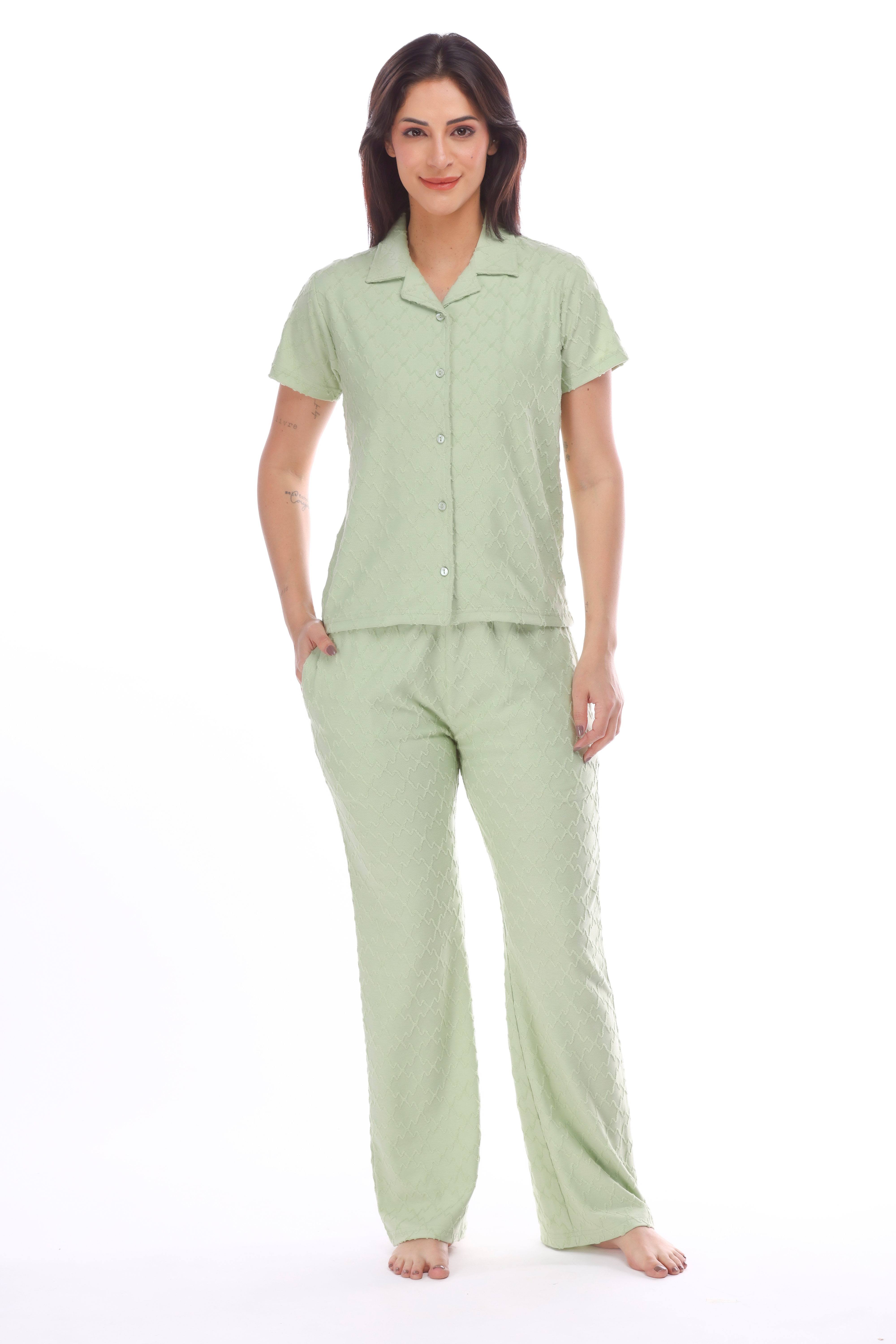 Olive Textured Button-down Pyjama Set