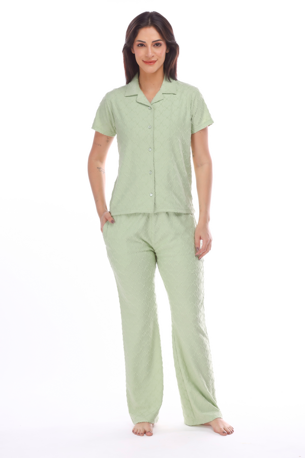 Olive Textured Button-down Pyjama Set