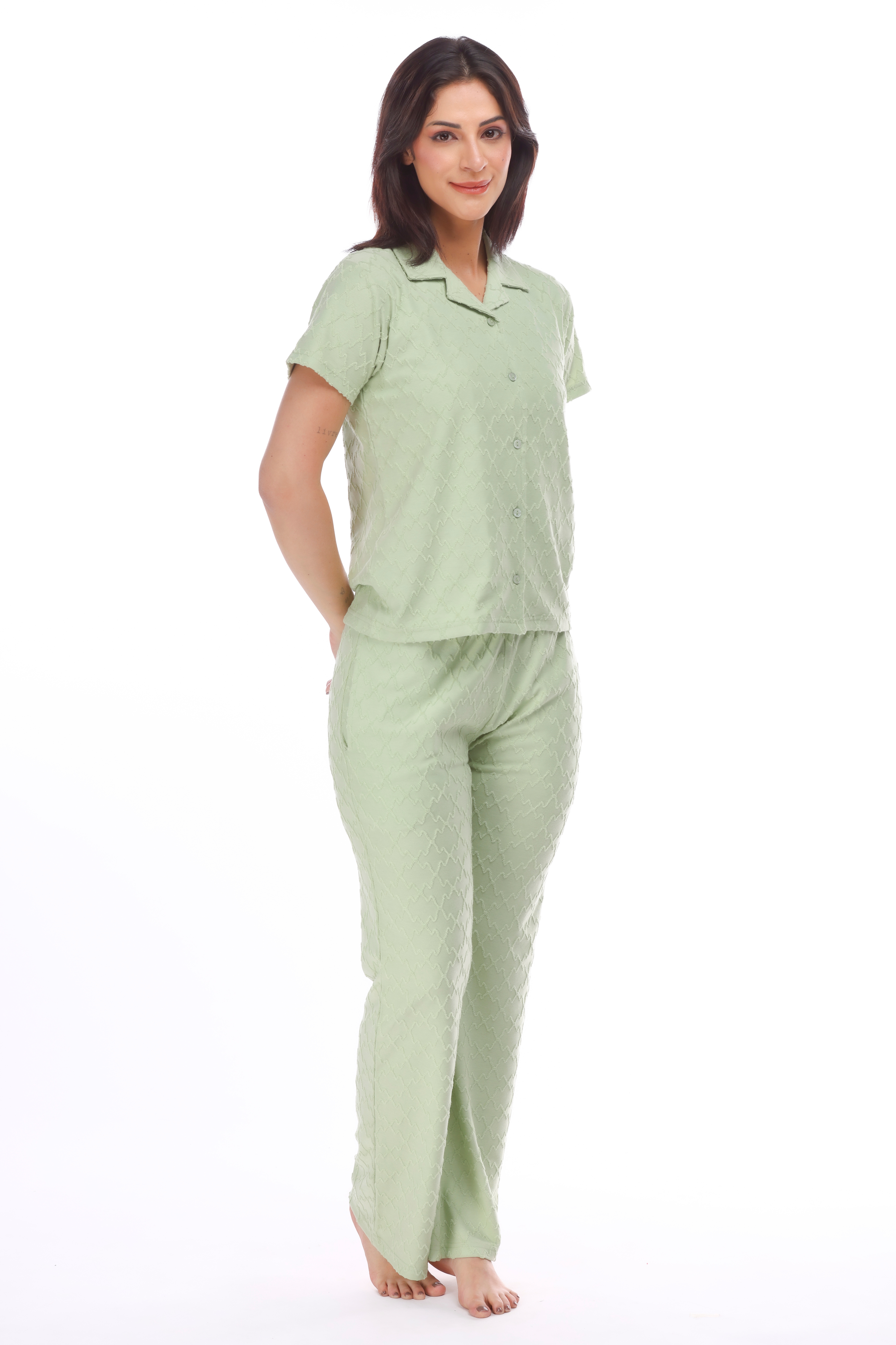 Olive Textured Button-down Pyjama Set