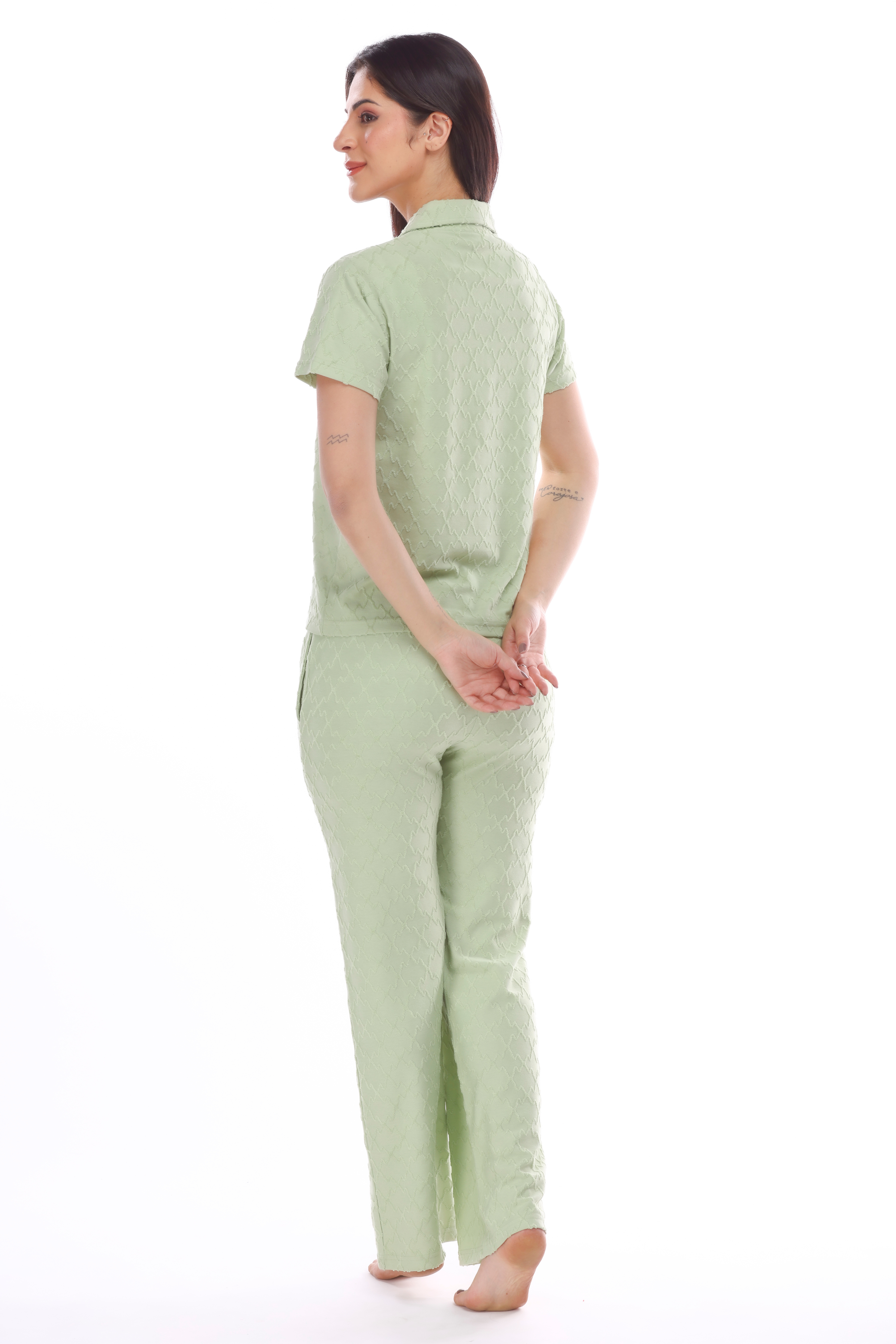 Olive Textured Button-down Pyjama Set