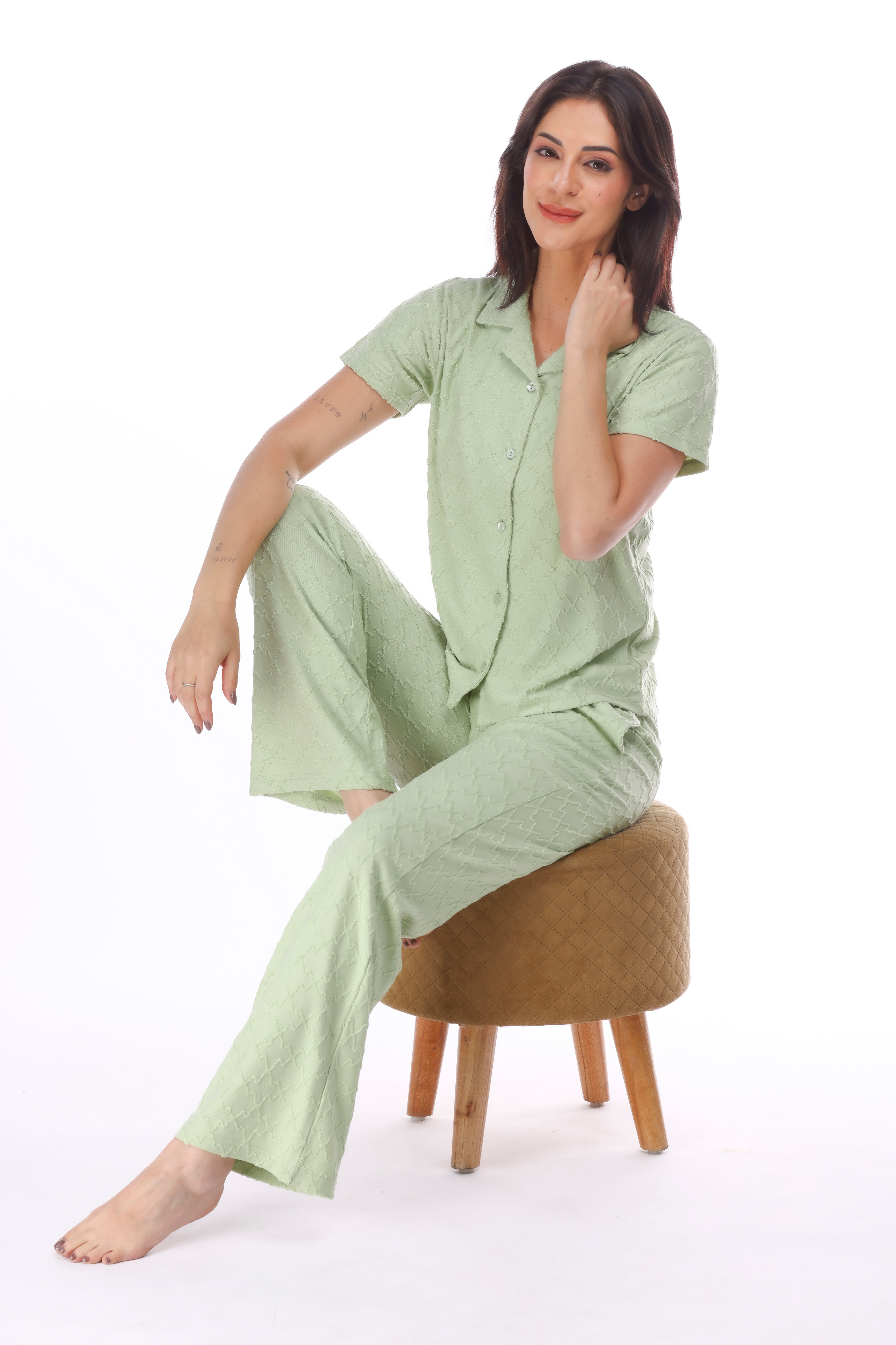 Olive Textured Button-down Pyjama Set